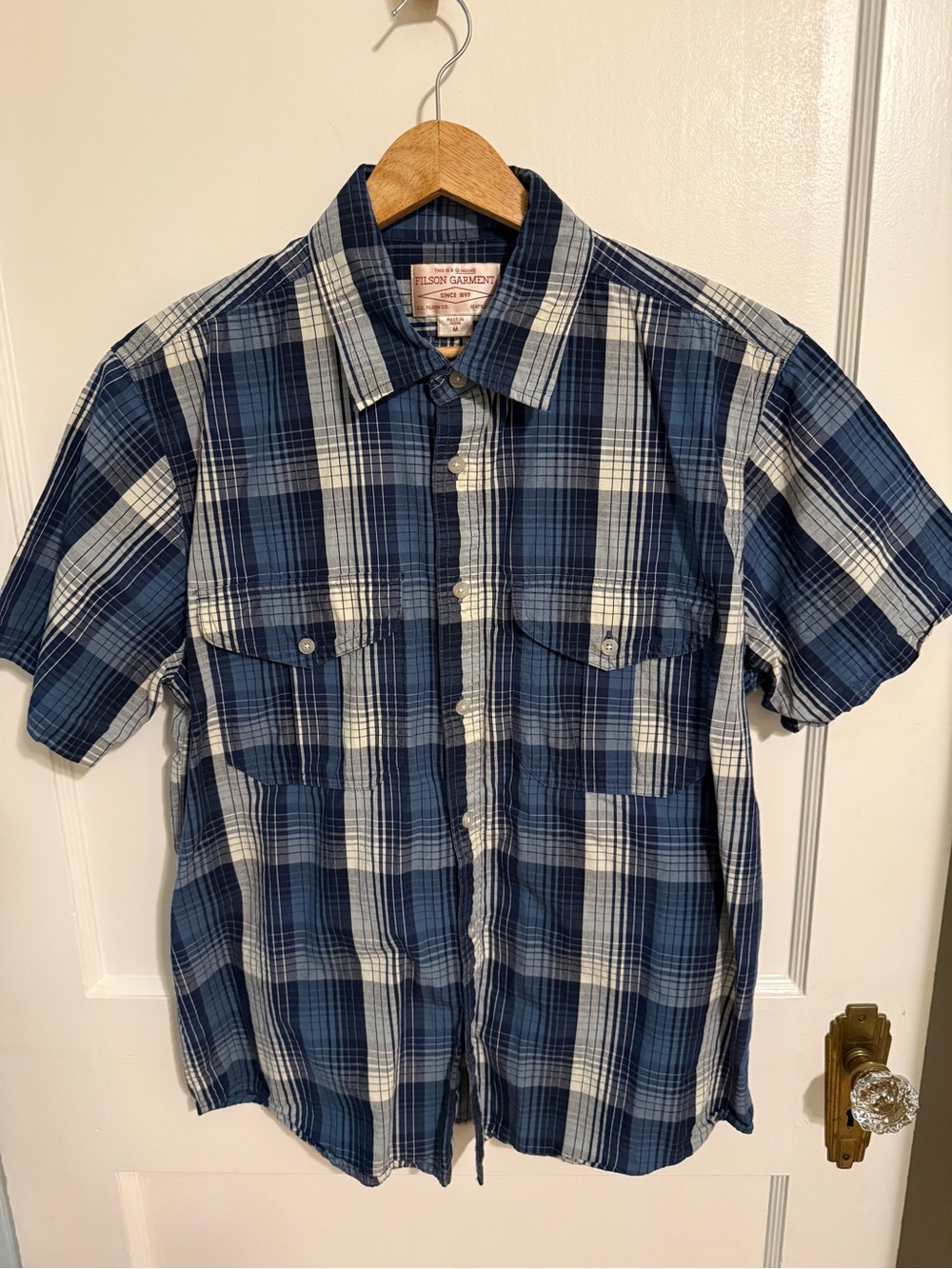 Filson Blue and White Short Sleeve Plaid Button-Down Shirt